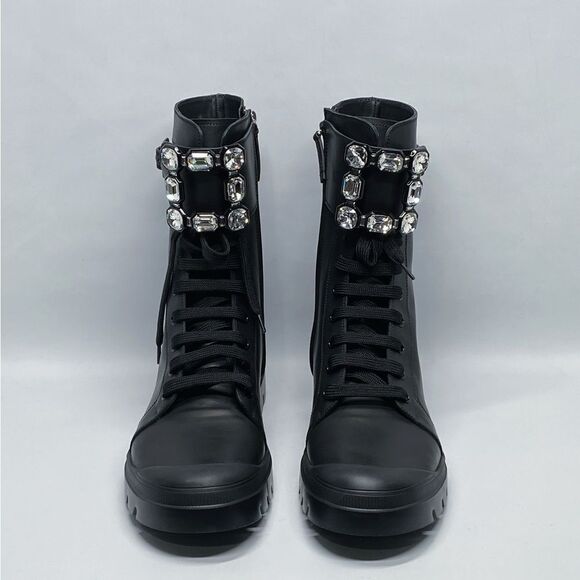 Roger Vivier Walkyviv Calfskin Crystal-Buckle Mid Boots size 41.5 - Picture 4 of 15